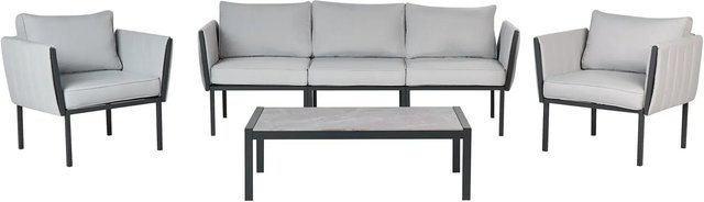 Beliani Sitzgruppe SKALA in Hellgrau mit 3-Sitzer Sofa, Lounge-Armchairs und Couchtisch aus Metall und Glas - Bild 1