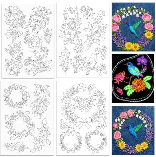 Wasserlöslicher Stickerstabilisator mit 4 Blatt und vorgedruckten Vogel- und Blumengirlanden-Designs auf Stickpapier für deine Heimwerkerarbeiten - Bild 1