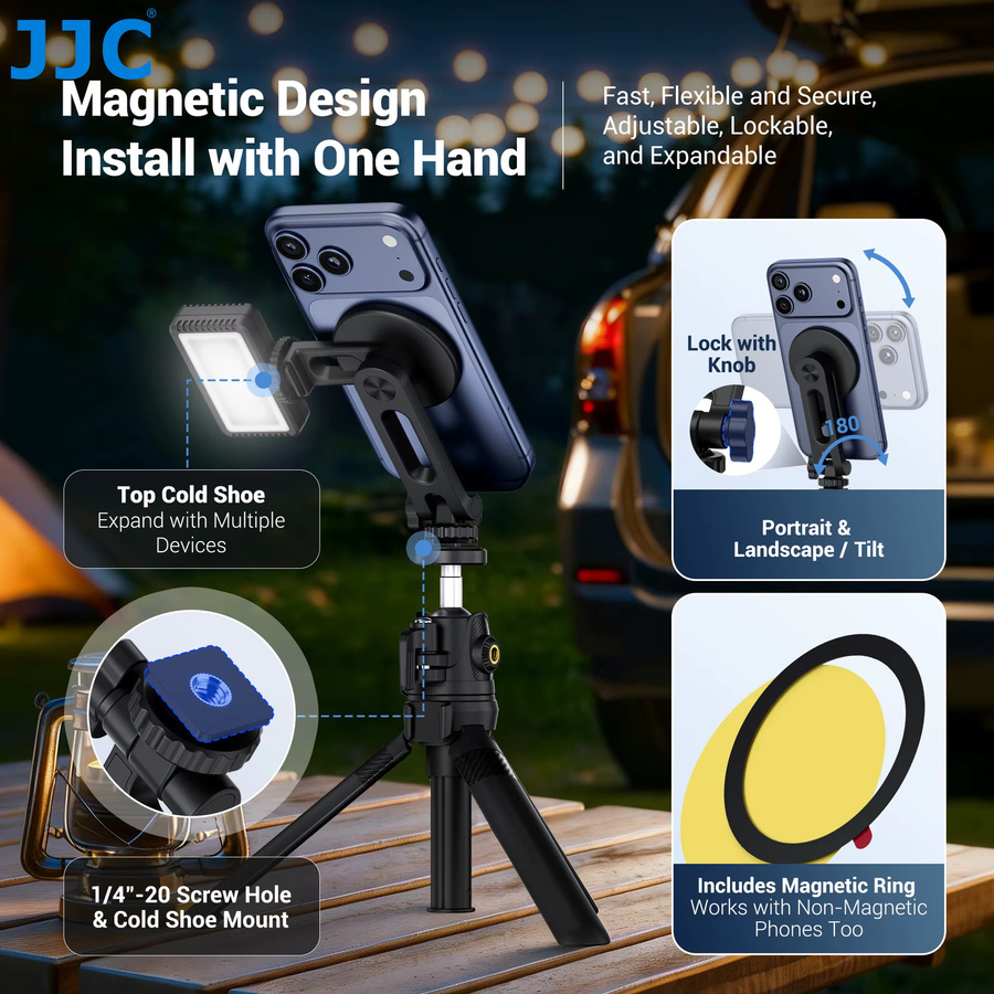 JJC Magnetische Handyhalterung in Schwarz für iPhone 17 16 15 14 mit Blitzschuh und 1/4 Zoll Gewinde für Stativnutzung in vertikaler und horizontaler Ausrichtung - Bild 2