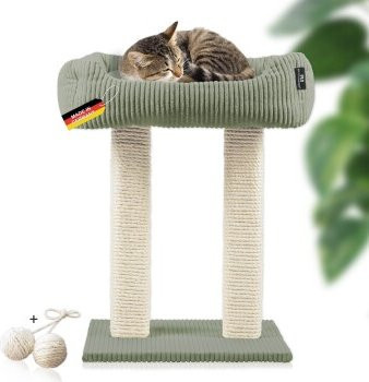 Rohrschneider moderner Kratzbaum aus Vollholz mit Katzenbett und Wendekissen in Grün - Bild 1