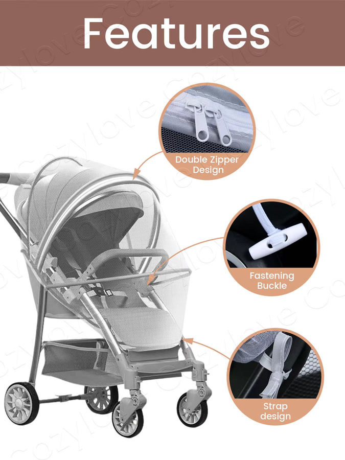Kisslanding Kinderwagen-Moskitonetz mit stabilem Stützrahmen und Reißverschluss in Schwarz oder Weiß - Bild 3