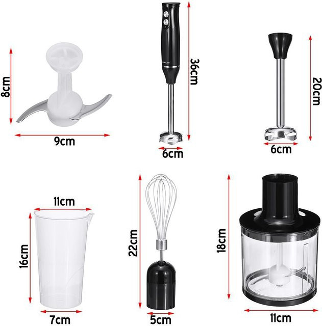 GECOFEER 4-in-1 Elektrischer Stabmixer 500W in Schwarz mit Edelstahlklingen für Gemüse, Fleisch, Eier und Saft - Bild 1