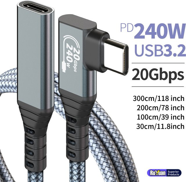 USB 3.2 Verlängerungskabel USB-C 240W 20 Gbps Hochgeschwindigkeits-Datenkabel Grau - Bild 1
