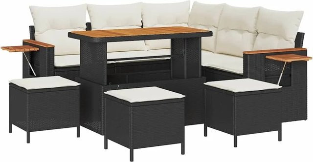 vidaXL Gartensofa-Set L-Form in Schwarz und Beige mit 9 Kissen, Ecksofa, Ottoman und Couchtisch aus Metall und Akazienholz - Bild 1