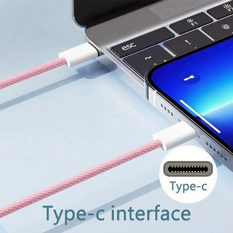 60W USB-C zu USB-C Schnellladekabel aus nylon geflochtenem Material für iPhone 15, 16, 17 Pro Max und Samsung Typ-C in Gelb und Pink - Bild 2
