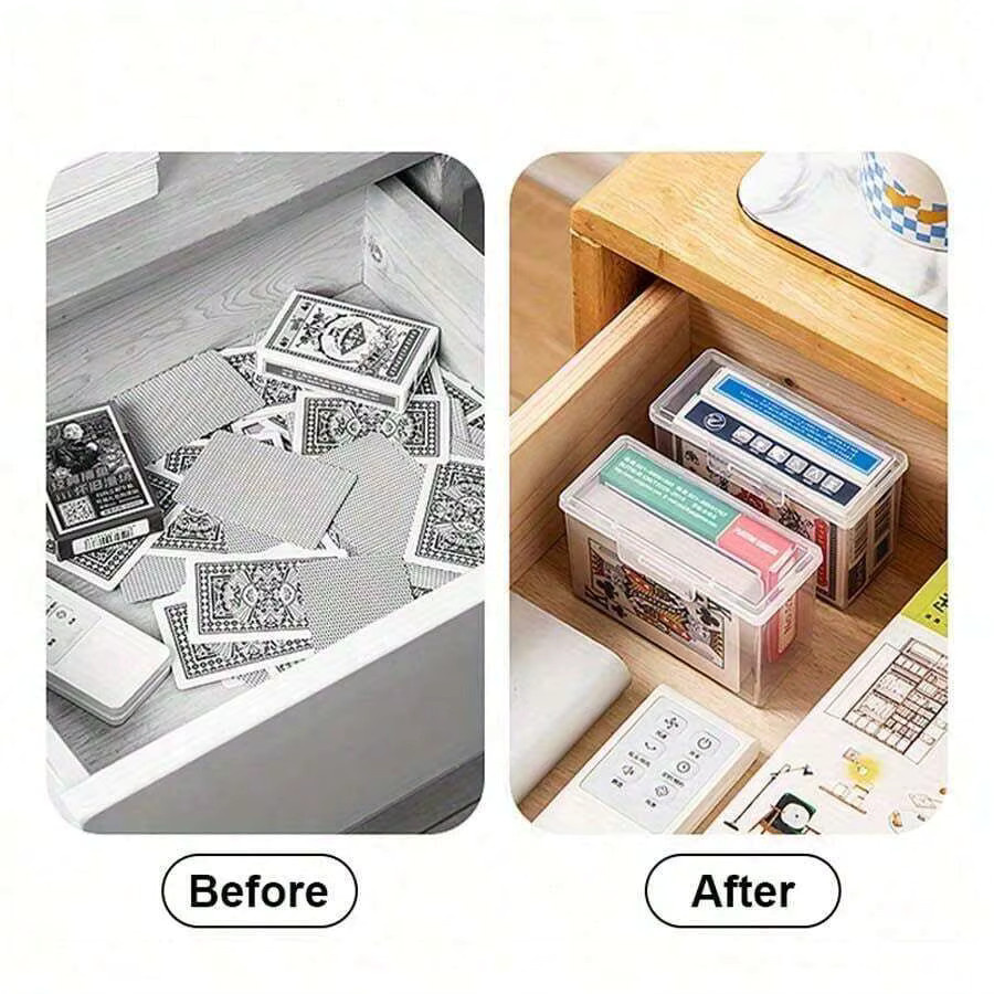 Transparente Karten-Aufbewahrungsbox aus Kunststoff mit Deckel und beschrifteten Fächern für Poker und Brettspiele, B: 10,5 cm, T: 6,6 cm, H: 1,0 cm - Bild 4
