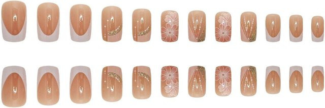 OTRESS Press-On Nägel, Quadratisch, Weiß & Orange Ombre Floral Design, Brown, Glänzend, 24 Stück - Bild 1
