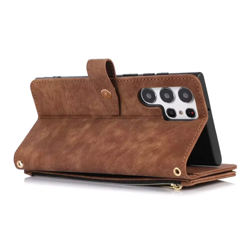 Leder-Brieftasche mit Reißverschluss und Flip-Abdeckung für Samsung Galaxy S25 S24 S23 S22 S21 S20 Ultra Plus 5G FE in Pink und Braun - Bild 5