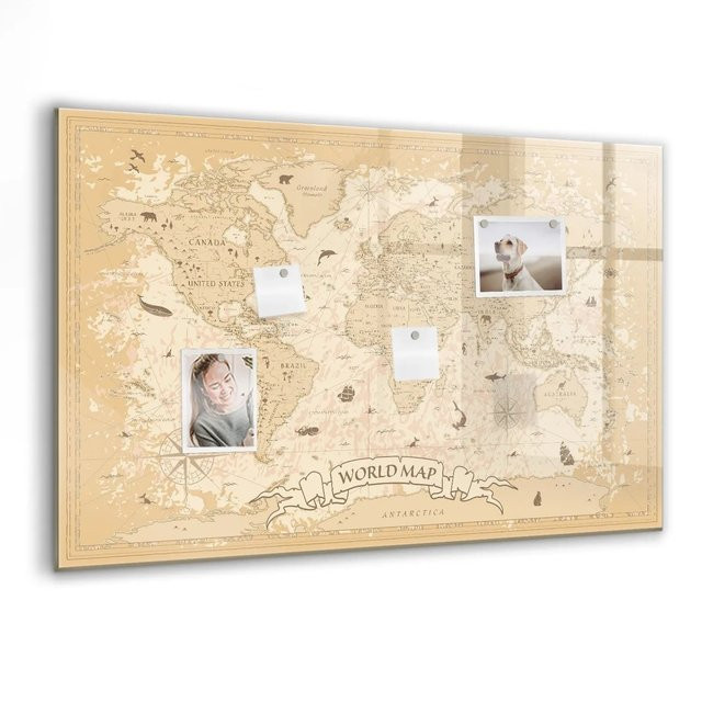 Tulup Magnettafel aus Glas mit Vintage Weltkarte, beschreibbar, B/H: 90 x 60 cm, Farben: Schwarz, Braun, Beige - Bild 1