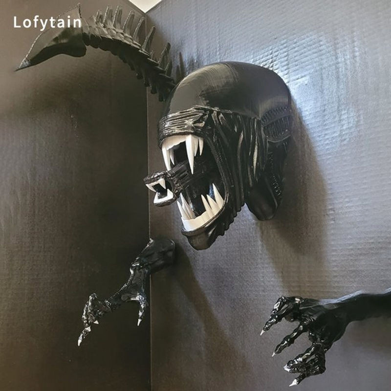 Lofytain Alien Xenomorph Wandskulptur aus Kunstharz in Schwarz zur Wandmontage - Bild 1