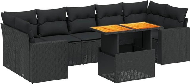 vidaXL 8-tlg. Garten-Sofagarnitur in L-Form aus Polyrattan und Akazienholz mit Kissen, Schwarz - Bild 1