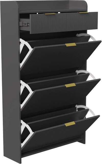 PXloue Schuhschrank in Schwarz mit 3 Klappen und Schubladen, verstellbare Schuhkommode für Flur, Wohnzimmer und Schlafzimmer, H: 134 cm, B: 77 cm, T: 24 cm - Bild 1