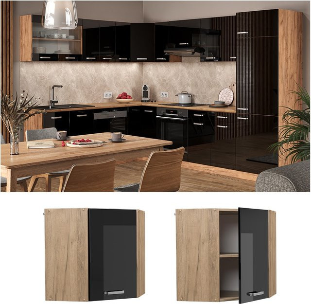 Vicco R-Line Eckhängeschrank Küchenschrank in Schwarz und Eiche mit Goldakzenten, modern, Breite: 57 cm, Höhe: 60 cm, Tiefe: 34,1 cm - Bild 1