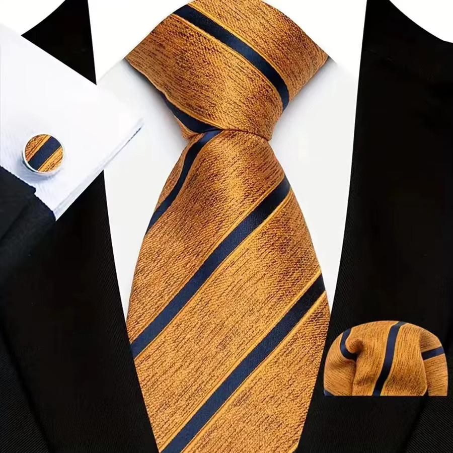 YISHLINE Krawatte, Einstecktuch, Manschettenknöpfe Set, Orange Braun, Herren - Bild 2