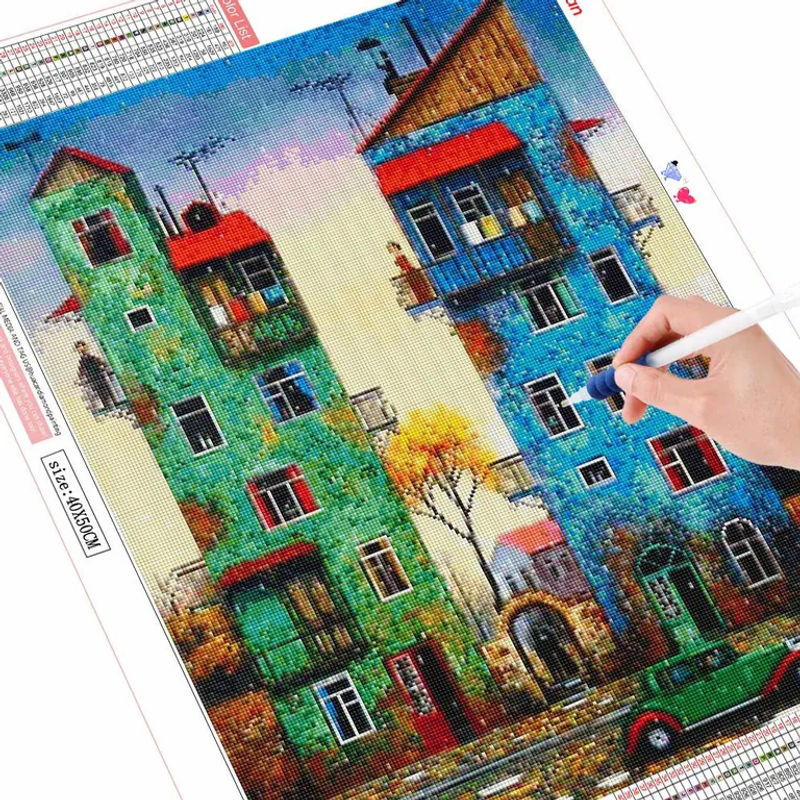 FIYO 5D Diamant-Malerei Landschaft mit Haus und Straße, Mosaik-Stickerei in Hellblau und Mehrfarbig, B/H: 30 x 20 cm - Bild 3