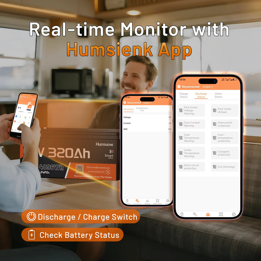 Humsienk LiFePO4 Batterie 12V 300Ah (320Ah) mit Bluetooth und 250A BMS in Schwarz - Bild 6