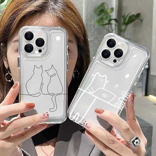 Süße Linie Katze Handyhülle für iPhone 11 bis 16 Pro Max und weitere Modelle, stoßfestes transparentes Softcover - Bild 1