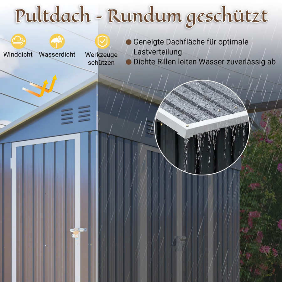 GIHAUVIA Outdoor-Gartenschuppen aus Metall in Grau mit Metallboden, schrägem Dach und doppelt abschließbaren Türen, B/T/H: 229 x 111 x 192 cm - Bild 5
