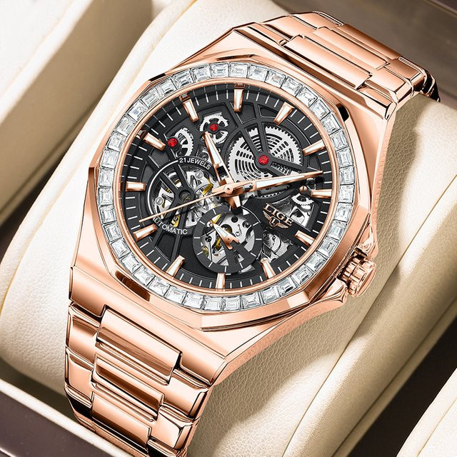 LIGE Armbanduhr Automatik, Edelstahl, Roségold, Blau, Herren - Bild 1