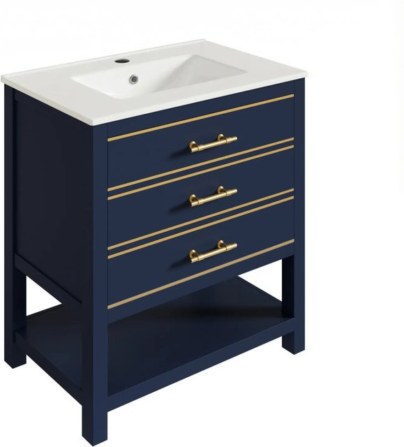 PXloue Badezimmerwaschtisch mit Keramikbecken in Blau und Goldgriffen, Waschbeckenunterschrank mit 2 Schubladen und offenem Fach - Bild 1