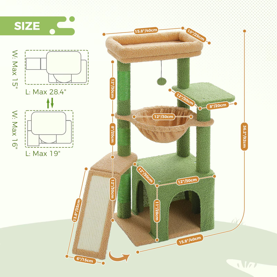 PEQULTI Kratzbaum für Katzen mit Sisal-Elementen, Hängematte, Höhle und integriertem Spielzeug in modernem Design - Bild 2