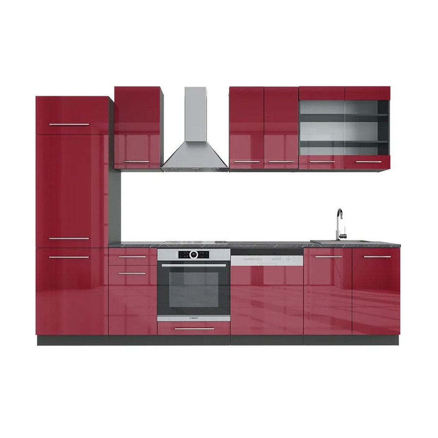 Vicco Fame-Line Küchenzeile Bordeaux Hochglanz und Anthrazit, B/H/T: 300 x 82 x 60 cm - Bild 2