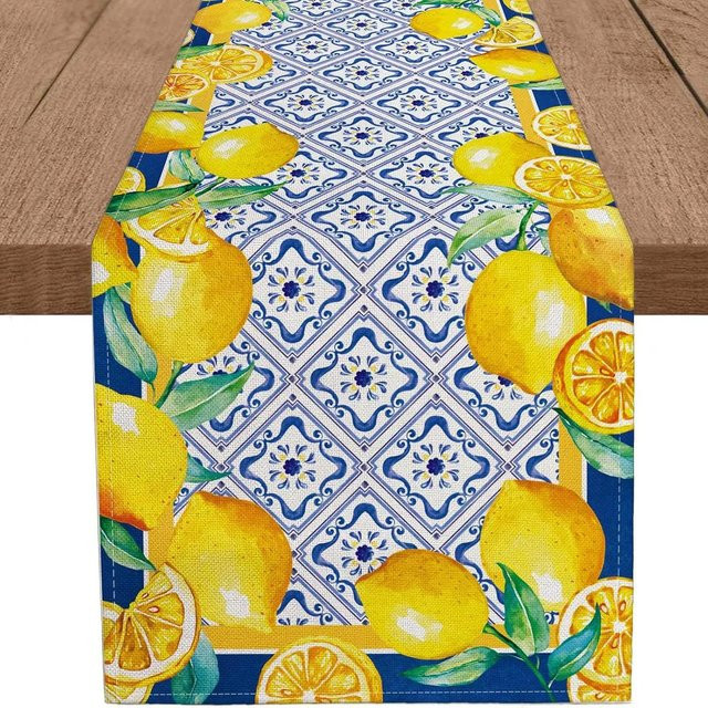 ILVISEST Tischläufer mit blauem Zitronen-Iris-Blumenmuster, fleckenabweisend, B/H: 33 x 120 cm - Bild 1