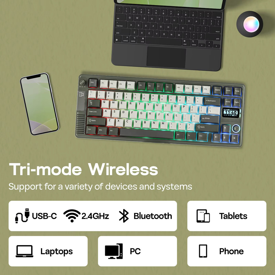 EPOMAKER RT85 Mechanische Tastatur mit Joystick und DIY-Bildschirm, 75 % ANSI US-Layout, kabellos via Bluetooth oder 2,4 GHz sowie kabelgebunden, Weiß/Grau - Bild 5