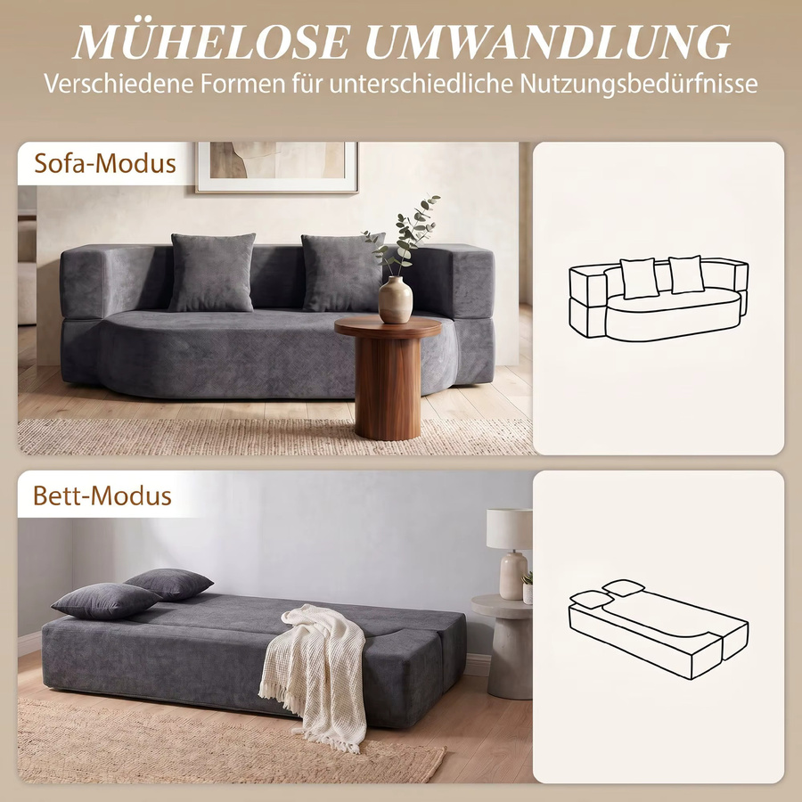 HOMCOM Schlafsofa 2-Sitzer Bodensofa klappbar in Dunkelgrau mit Chenille-Optik und 2 Kissen, Breite: 190 cm - Bild 3