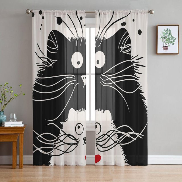 Yiran Furniture Transparente Tüll-Vorhänge mit Schwarz-Weißem Katzen-Motiv, Breite: 135 cm, Höhe: 115 cm - Bild 1