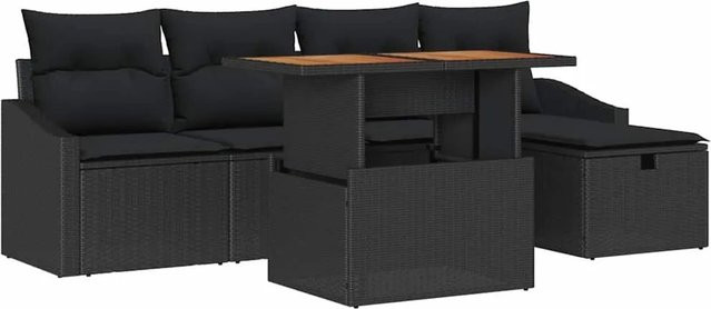 vidaXL Garten-Sofa-Set 6-teilig aus Poly-Rattan und Akazienholz in Schwarz mit Kissen - Bild 1