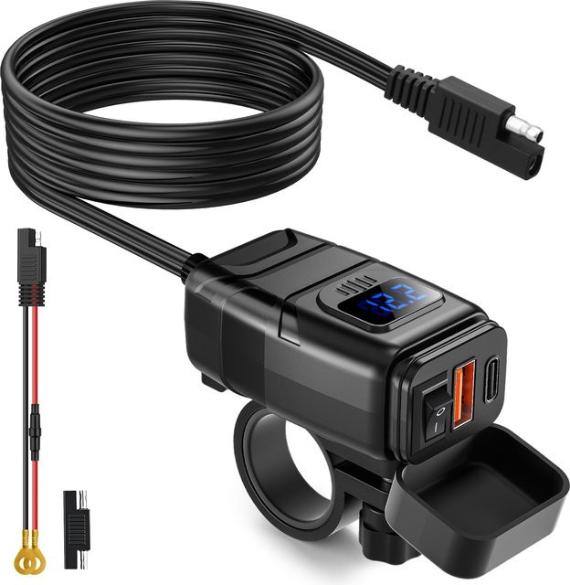 Anchtek Motorrad USB-Ladegerät QC3.0 mit Voltmeter, wasserdichter 12V Steckdosenadapter für Lenker, USB-A und USB-C, Schwarz/Blau - Bild 1