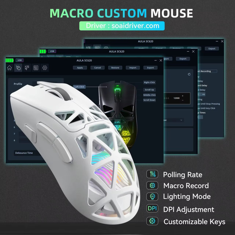 AULA Gaming-Maus SC620 in Weiß mit PAW3311 Sensor, 12.000 DPI, kabelfreie Verbindung via Bluetooth oder 2,4G sowie kabelgebundene Option, leichtgewichtiges PC-Gaming-Zubehör - Bild 2