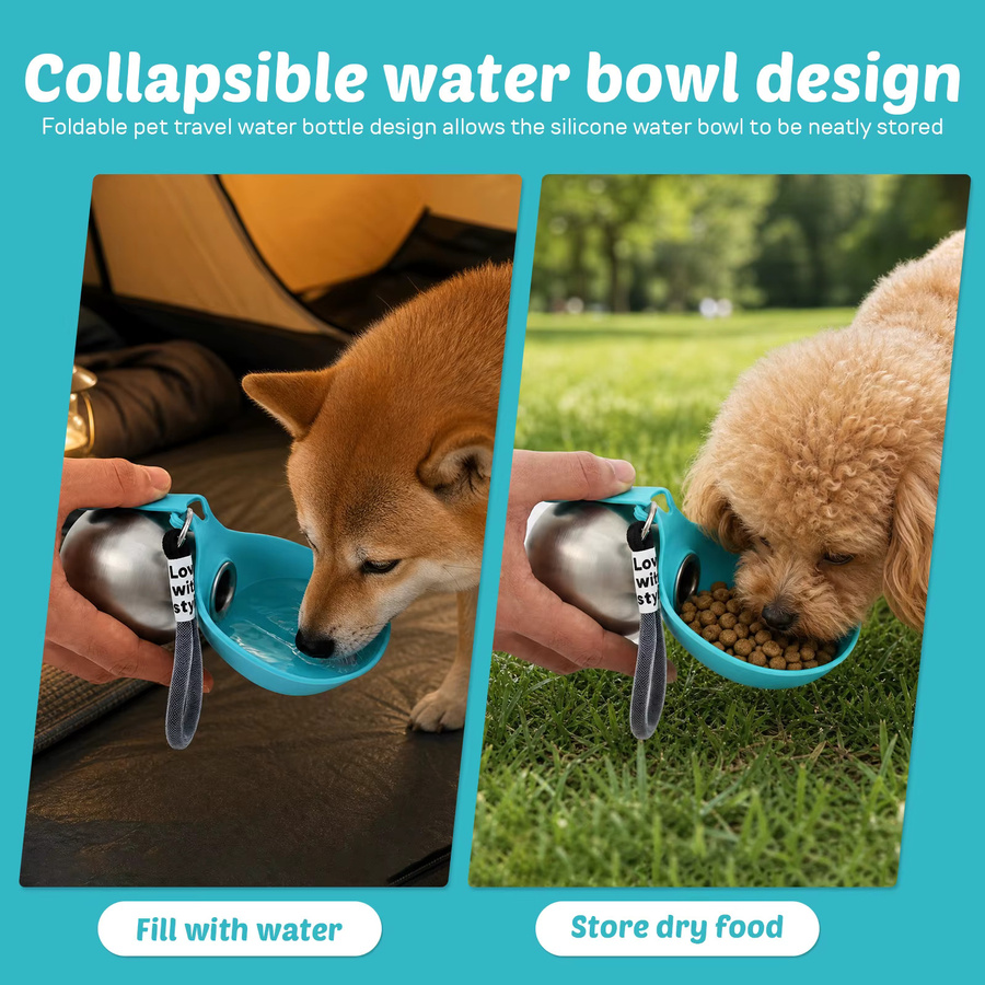 Willstar Hunde-Wasserflasche aus Edelstahl in Blau mit Silikonschüssel, 294 ml, auslaufsicherer tragbarer Welpen-Wasserspender - Bild 4