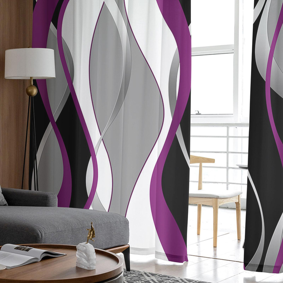 Super Six Voile Gardine mit abstraktem Linien-Design in Lila, transparentes Chiffon-Material, Breite: 135 cm, Höhe: 114 cm - Bild 4