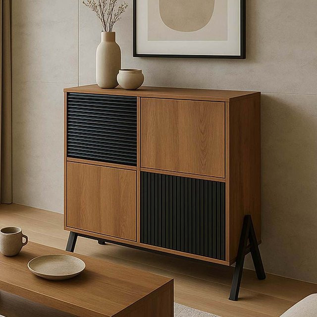 MCW Kommode MCW-O40 Sideboard in Natur mit Staufächern und Türen, B/H/T: 94 x 79 x 40 cm - Bild 1