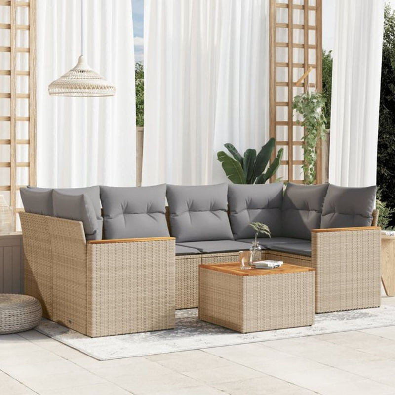 Vidaxl 7-teiliges Gartenmöbel-Set aus Polyrattan mit Kissen in Beige - Bild 1