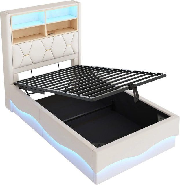 okwish Kinderbett mit LED-Unterbettbeleuchtung und Stauraum in Beige und Grau, B/T/H: 90 x 200 x 45 cm - Bild 1