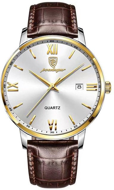 POEDAGAR Armbanduhr, Quarz, Leder, Weiß, 42 mm, Herren - Bild 1