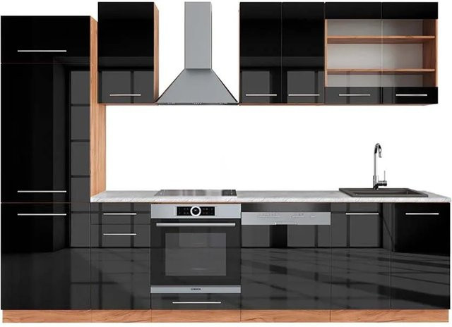Vicco Fame-Line Küchenzeile in Anthrazit Hochglanz und Goldkraft Eiche mit Marmor-Optik, Breite: 300 cm - Bild 1