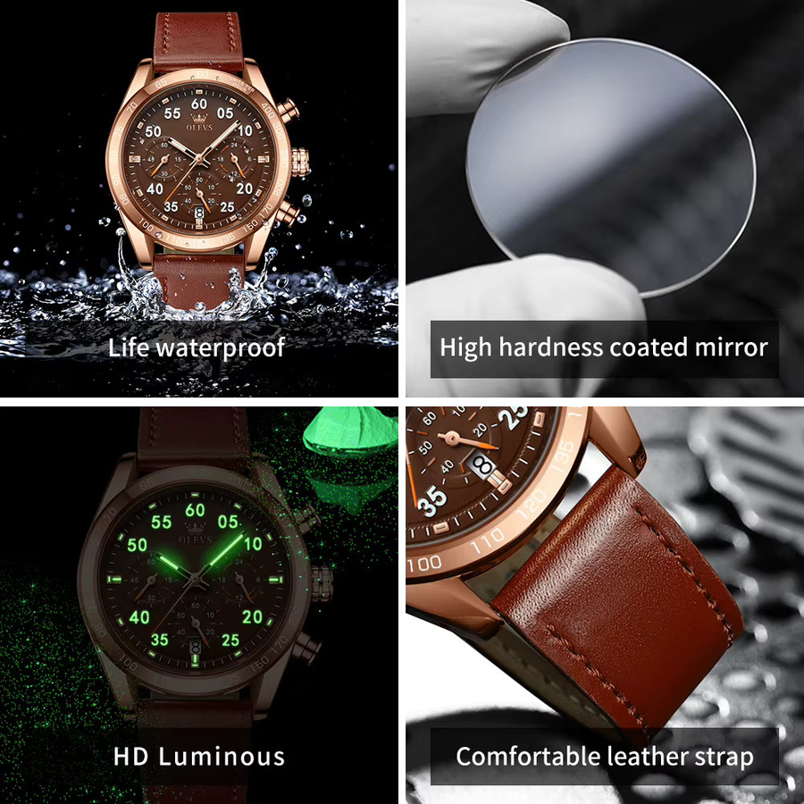 OLEVS Chronograph, Quarz, Leder, Roségold, Schwarz, Herren - Bild 6