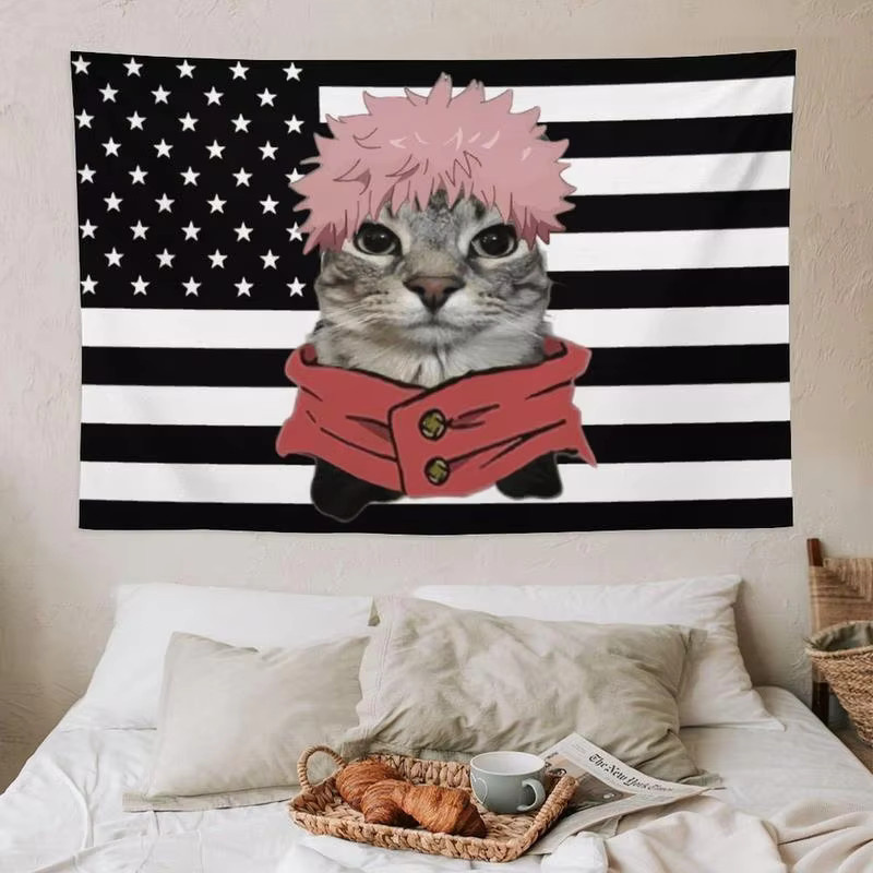 VIKAMA Anime Wandteppich mit Katzenmotiv und amerikanischer Flagge, bunter Wandbehang für Schlafzimmer und Schlafsäle, B/H: 60 x 40 cm - Bild 2