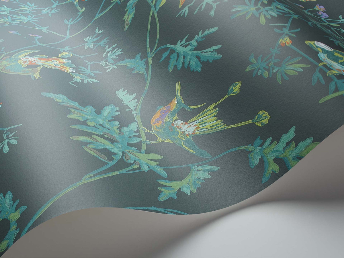 Cole & Son Tapete Hummingbirds in Viridian mit floralem und botanischem Motiv im Vintage-Stil - Bild 1