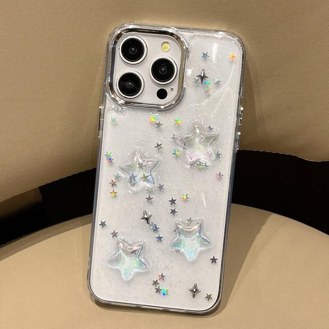 Glitzernde iPhone Handyhülle von Yiran Bag mit koreanischem Farbverlauf und Sternen in Transparent und Multicolour, stoßfeste Silikonhülle für iPhone 16 15 14 13 12 11 Pro Max Plus - Bild 1