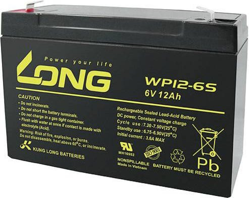 Long WP12-6S Bleiakku 6V 12Ah Blei-Vlies AGM Schwarz B/H/T: 151 x 99 x 50 mm mit 4,8 mm Flachstecker - Bild 1