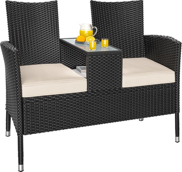 CASARIA Polyrattan Kino Bank Schwarz mit Armlehnen B/T/H: 145 x 58 x 87 cm - Bild 1