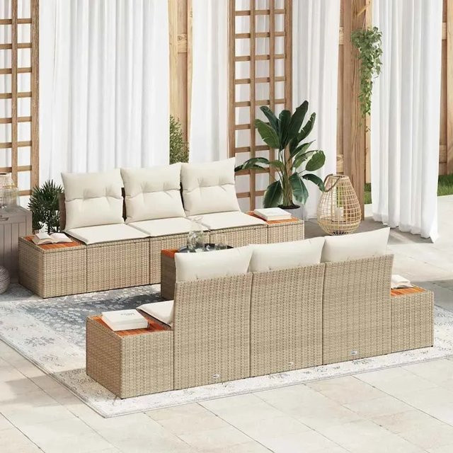 7-teiliges vidaXL Garten-Sofa-Set aus Poly-Rattan und Stahl mit Kissen in Beige - Bild 1