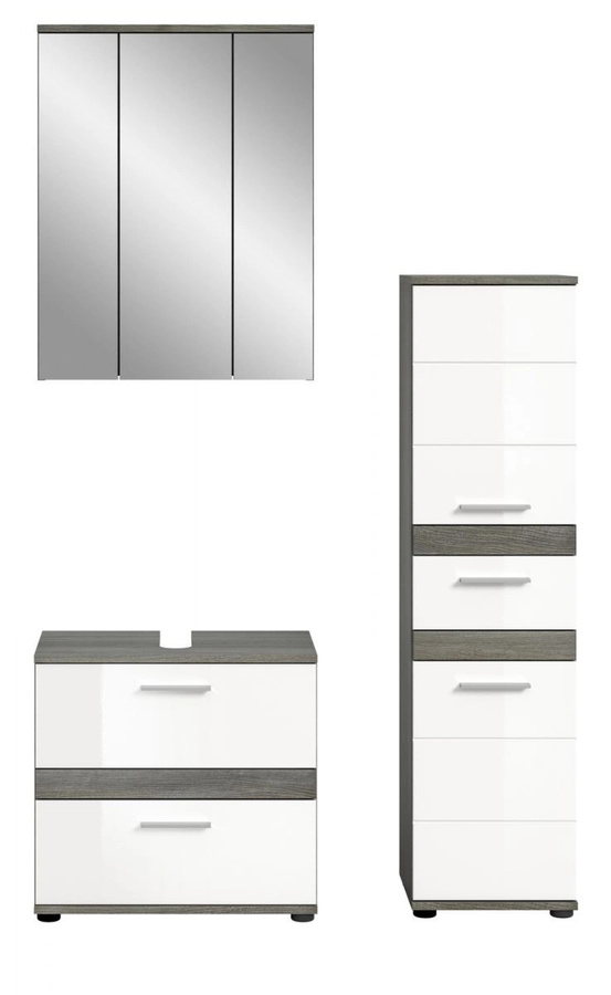 Inn.Furn Badmöbel Set Bailey 3-teilig in Weiß Hochglanz und Grau mit Waschtischunterschrank, Spiegelschrank und Seitenschrank, Breite: 110 cm - Bild 3