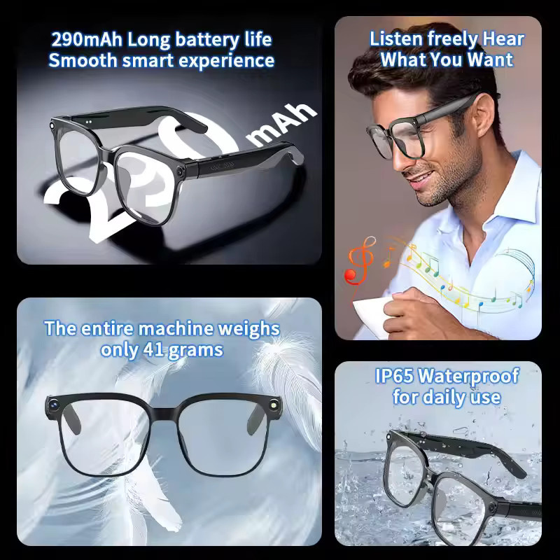 GUHUAVMI KI-Smart-Brille mit 800W HD-Kamera, 1080P Videoaufnahme, Übersetzungsfunktion für über 100 Sprachen, Musikplayer und Anruffunktion, Unisex-Sonnenbrille in Schwarz und Transparent - Bild 5