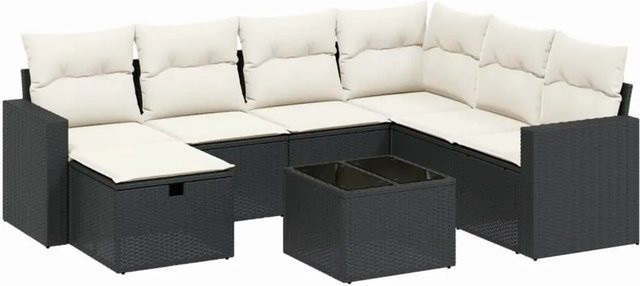 vidaXL 8-tlg Garten-Sofagarnitur in L-Form mit Kissen und Polsterung, Schwarz, Poly Rattan und Metallrahmen - Bild 1